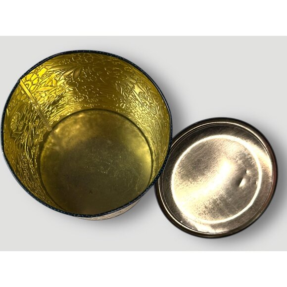 Vintage English Tin Container W/ Lid & Floral Design England Gold Interior - Picture 3 of 13